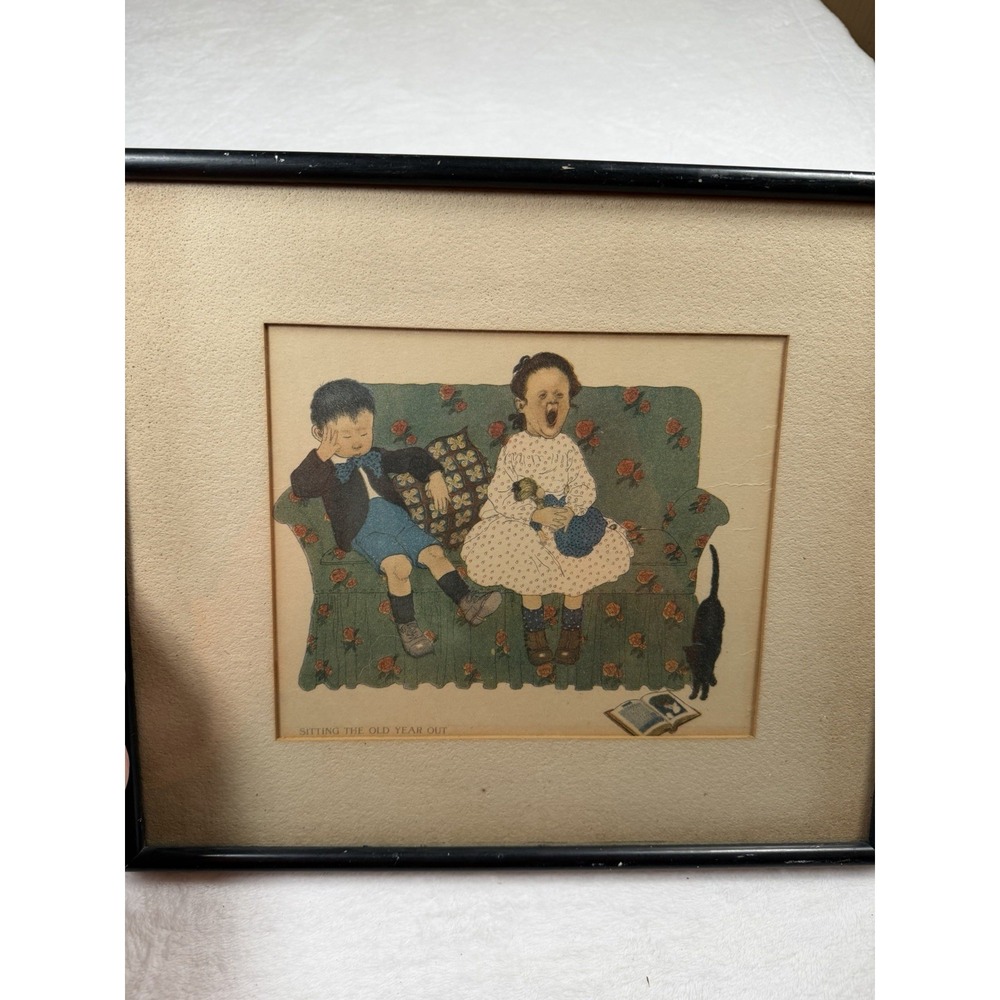 Antique 1906 Children Print Sitting the Old Year Out Framed New Year Art
